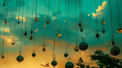 Whimsical wind chimes tinkling softly against a serene teal evening sky.