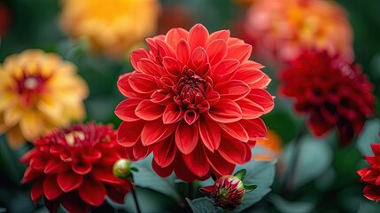 a vibrant red flower in a garden, with a blurred backdrop  