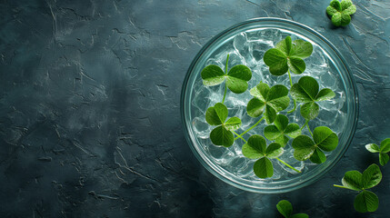 Refreshing drink with ice and mint clover on a dark background.