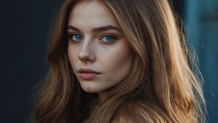Naklejka premium selfie of beautiful social media female caucasian model, long hair, gray or blue eyes, 22 years old