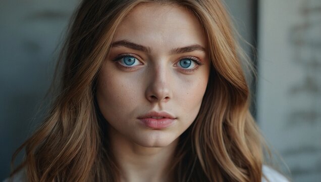 selfie of beautiful social media female caucasian model, long  hair, gray or blue eyes, 22 years old