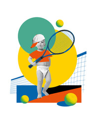 Baby boy in cap holding tennis racket and playing on abstract court on light background with...