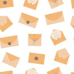 Envelopes seamless pattern with hand drawn elements. Retro mail, letter, post or stationery theme. Flat design. Vector illustration on white background.