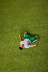 Moment of triumph or celebration. Aerial view of soccer player seated on green grass and gesturing...
