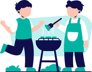 Two people grilling food on a barbecue, Vector illustration