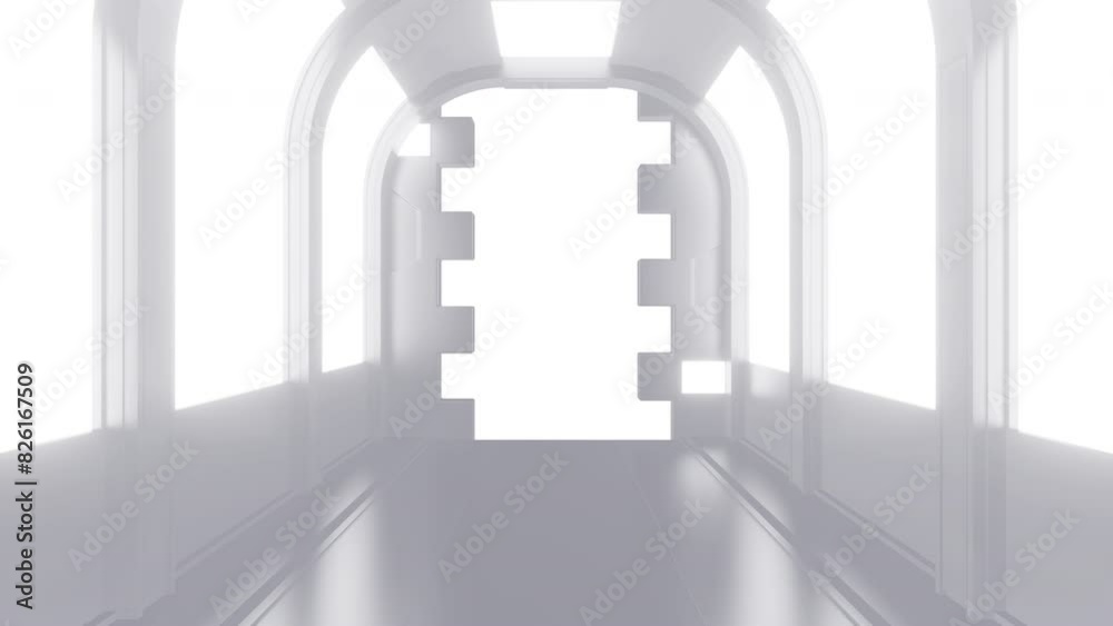 Wall mural opening gate or door in white futuristic tunnel spaceship or science laboratory corridor . sci-fi co
