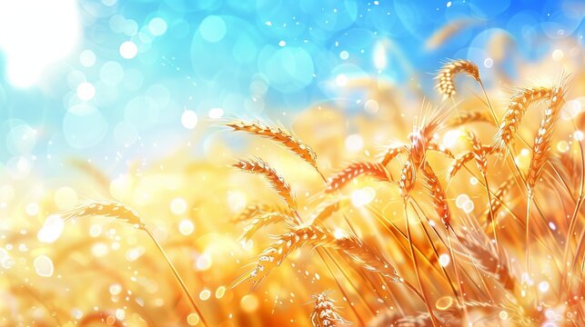 Golden sunlit wheat field leading to rolling hills symbol of agricultural plenty