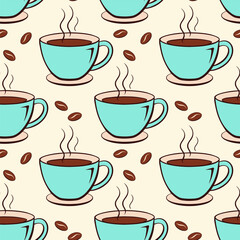 Coffee mugs with hot drink and coffee beans seamless pattern in doodle style.