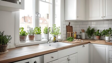 Scandinavian Kitchen, A minimalist kitchen with white cabinets, wooden countertops, stainless steel appliances, and fresh herbs on the windowsill