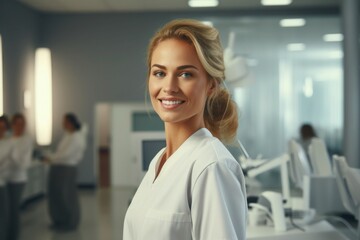 Fototapeta premium A confident woman doctor in a state of the art medical clinic. Cutting edge technology and a commitment to high-quality medical services.