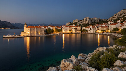 Naklejka premium shows a seaside town at dusk
