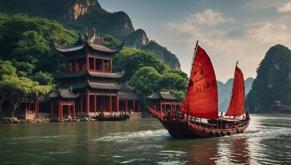 Obraz premium serene scene of a traditional Chinese junk