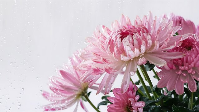 Pink and purple chrysanthemum in raindrops on white background