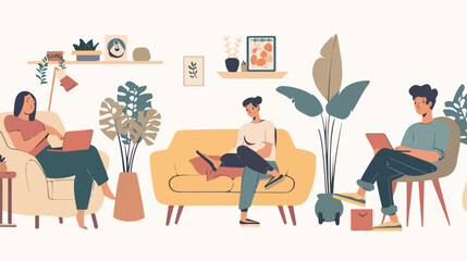 People resting at home. Cozy sofa and armchairs woman