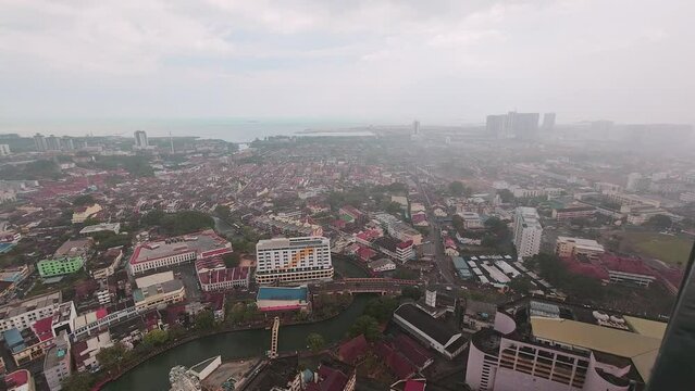 Melaka, Malaysia - 10th april, 2024: the shore sky tower viewpoint to cityscape of Melaka. Old town buildings and architecture