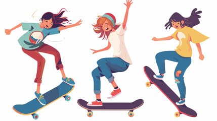 Persons on longboards. Cartoon female teenagers