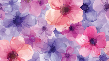 Pink and purple flowers in watercolor seamless background