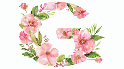 Pink letter G alphabet with watercolor flower and leaf