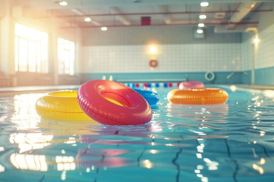 Rehabilitation centre swimming pool with colorful floats under natural light, creating a relax and recreational wellness atmosphere