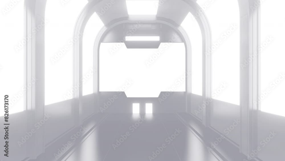 Wall mural opening gate or door in white futuristic tunnel spaceship or science laboratory corridor . sci-fi co