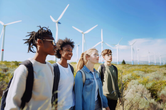 Group of young adults in an open field with wind turbines in the background, showcasing a blend of nature, renewable energy, and camaraderie under a clear blue sky. Gen alpha concept