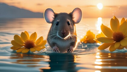 Mouse in the water with flowers 