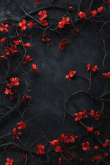 Fantasy Gothic dark background bordered with dry branches, thorns, ivy, and red flowers. Worn black grunge old backdrop framed by horror dry branches and thorns. color pop contrast