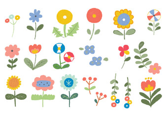 絵本風のかわいい花の手描きイラスト素材集_カラフル