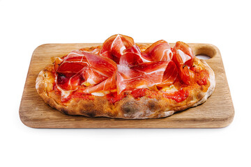 Delicious prosciutto topped pizza on wooden board