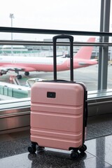 Pink Suitcase at Airport Terminal with Airplanes in Background
