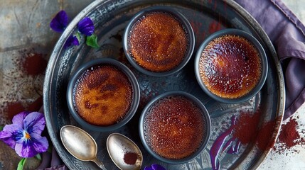   Four muffins in a muffin tin, served with spoons on a plate, adorned with purple flowers