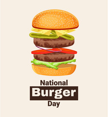 National Burger Day. Junk food day. Fast food day. Vector illustration. Burger in trendy style. The burger is opened and what's inside is shown. Cutlet, bun, onion, cucumbers, tomatoes, cheese. 