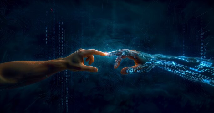 Symbolic Interaction Between Human and Digital Hand in a Futuristic Technological Landscape Representing AI Integration