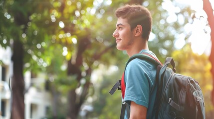 Obraz premium Young man with a backpack enjoying a sunny day outdoors, looking content and ready for adventure in a green natural setting.