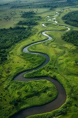 Fototapeta premium Aerial view of winding rivers with meanders, highlighting the natural curves and contrast with the surrounding landscape.