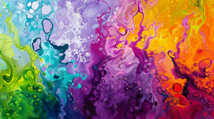 Fluid forms made of acrylic pouring with bright colours, iridescent background. Generative AI