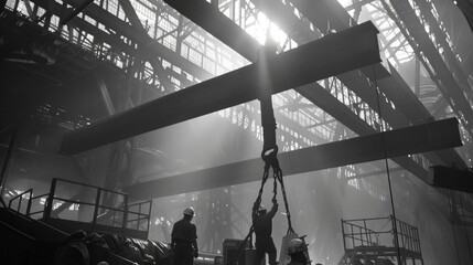 A team of steelworkers uses specialized equipment to lift and secure a large steel truss into place the final piece of the framework.