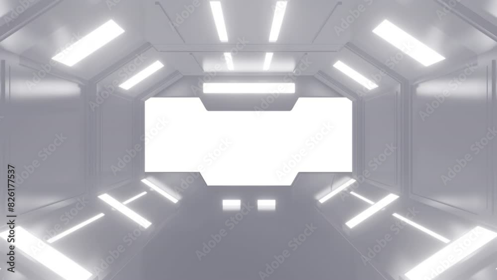 Wall mural opening gate or door in white futuristic tunnel spaceship or science laboratory corridor . sci-fi co