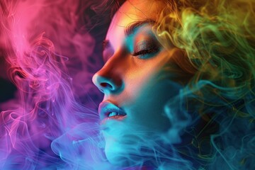 Portrait of a woman's profile enveloped by vibrant neon smoke