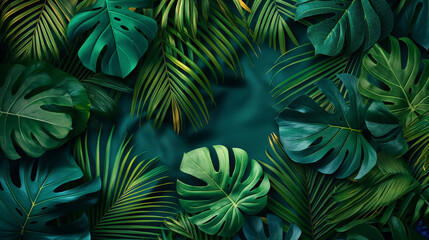 lush green tropical leaves, dark background, exotic botanical foliage