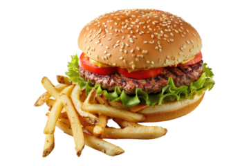 Burger and french fries isolated on white background
