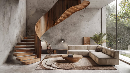 Inspiration open space interior design with living room and modern spiral staircase.minimal and contemporary architecture.ideas creativity with structure