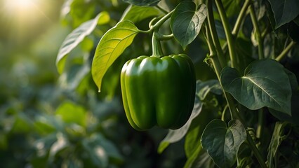 fresh green bell pepper on a plant, in greenhouse, garden background. home grown - Powered by Adobe