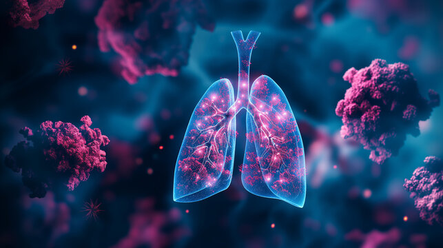 3D illustration of human lungs with virus. Concept of pneumonia, COVID-19, coronavirus.