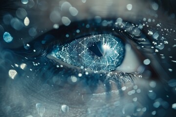 Close up of a blue eye with digital elements and neural connections, symbolizing technology and intelligence in a dark setting