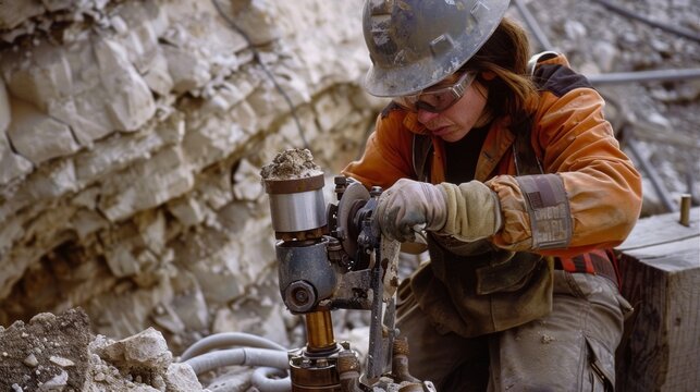 A geologist uses a specialized tool to analyze the mineral composition of a core sample which can provide valuable insights into the potential for oil.