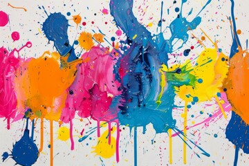 Fototapeta premium Abstract colorful paint splatters on white canvas, expressing creativity and art