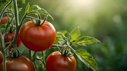 fresh red tomatos grows on green plant, in greenhouse, garden background. home grown tomato