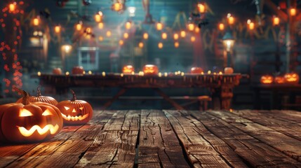 Halloween pumpkins on a table under the night sky with city lights