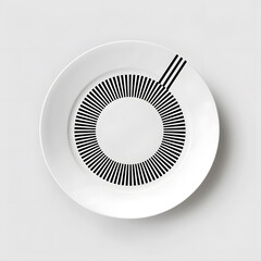 Dinner plate top view, minimalist geometric design, black and white isolated on white background